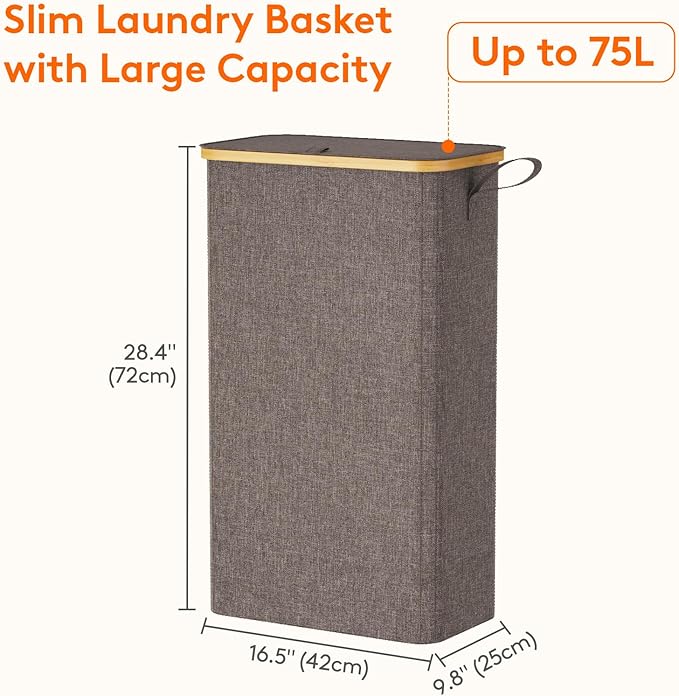 Lifewit 75L Slim Laundry Hamper with Lid, Narrow Laundry Basket with Removable Bag & Bamboo Handles, Fodable Thin Dirty Clothes Hamper for Laundry Collapsible Bin for Bathroom Bedroom Dorm, Brown-NeatNest