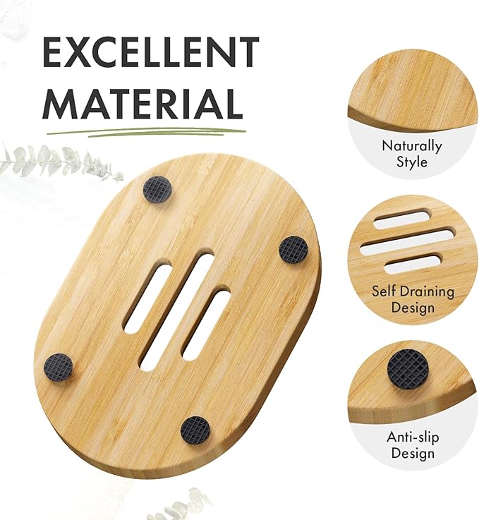AmazerBath Bamboo Soap Holder, Bamboo Soap Dish, 2 Pack Soap Dishes for Bar Soap, Soap Tray Self Draining, Oval Soap Saver for Shower, Bathroom, Kitchen-NeatNest