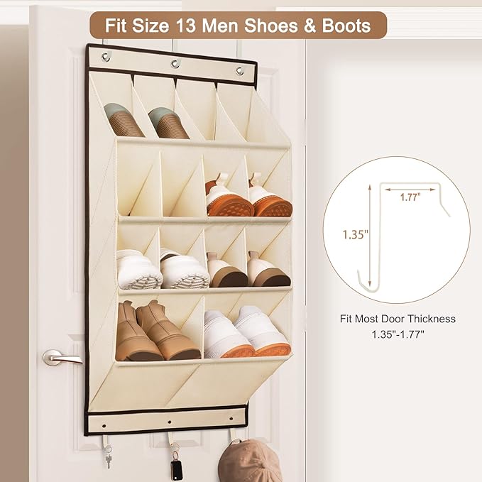 FENTEC 2 Pack Over the Door Shoe Organizer, Hanging Shoe Organizer, 28 Large Deep Pockets Door Shoe Rack with 6 Hooks Shoe Organizer for Shoes, Sneakers, and Home Accessories, Beige-NeatNest