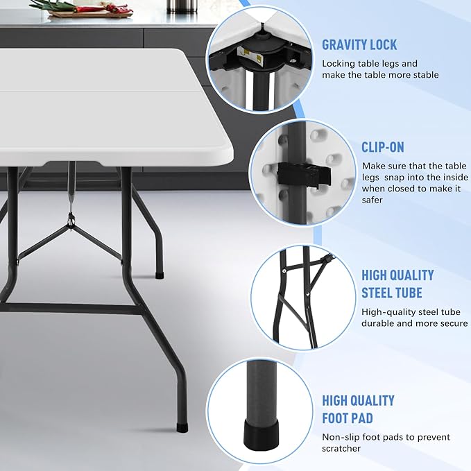 6ft Folding Table, Heavy Duty Foldable Table with Handle, Portable Fold-in-Half Utility Tables for Indoor & Outdoor Use Perfect for Camping BBQ Party Wedding Market Events, White-NeatNest