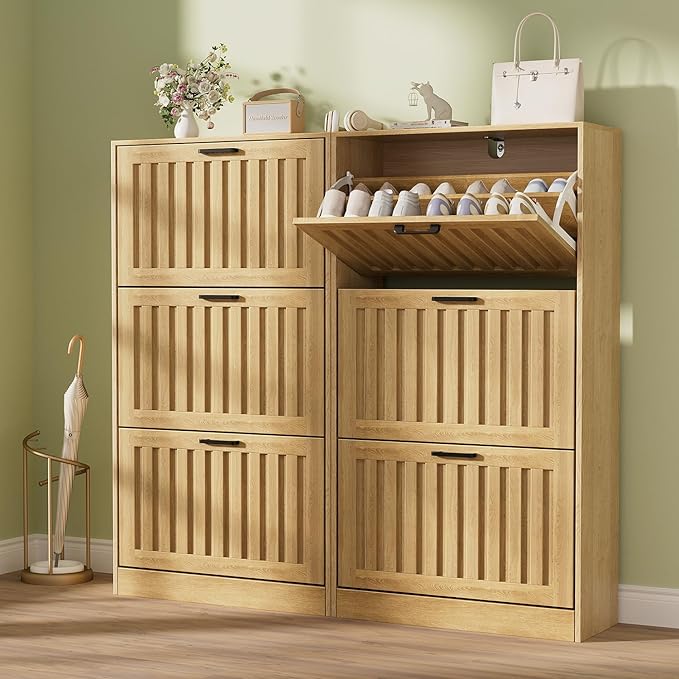 Shoe Storage Cabinet for Entryway with 3 Flip Drawers, Wooden Shoe Organizer with Adjustable Shelf, Freestanding Wood Fluted Panel Shoes Cabinet Closed Shoe Rack for Hallway, Foyer, Nature Oak-NeatNest