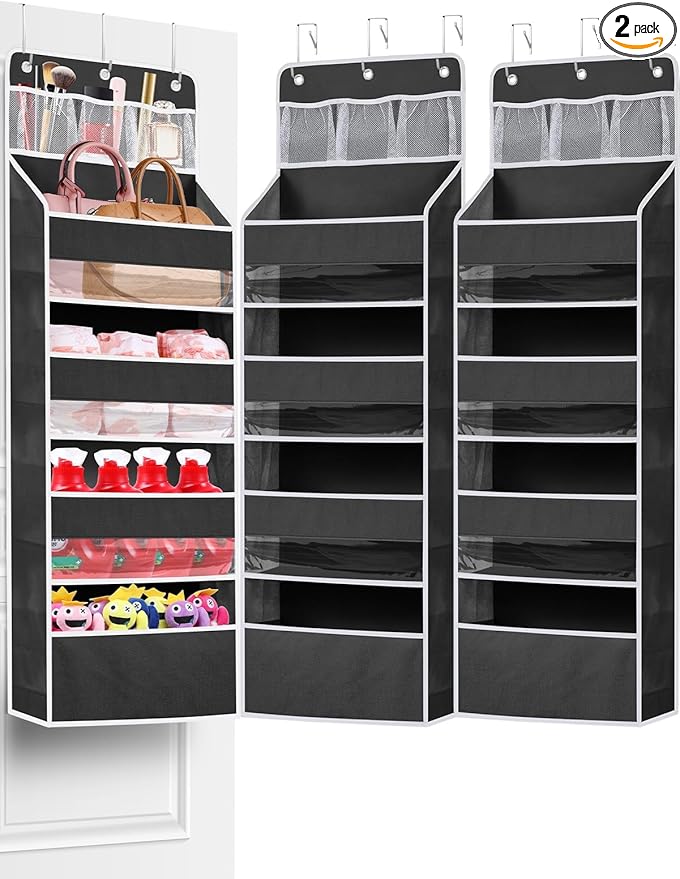 2 Pack Over the Door Storage Organizer, Space Saving Closet Hanging Organizer Large Capacity Behind Door Storage for Nursery Baby Essentials Pantry Bathroom Bedroom Diaper Organizer, Black