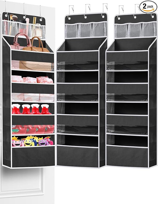 2 Pack Over the Door Storage Organizer, Space Saving Closet Hanging Organizer Large Capacity Behind Door Storage for Nursery Baby Essentials Pantry Bathroom Bedroom Diaper Organizer, Black