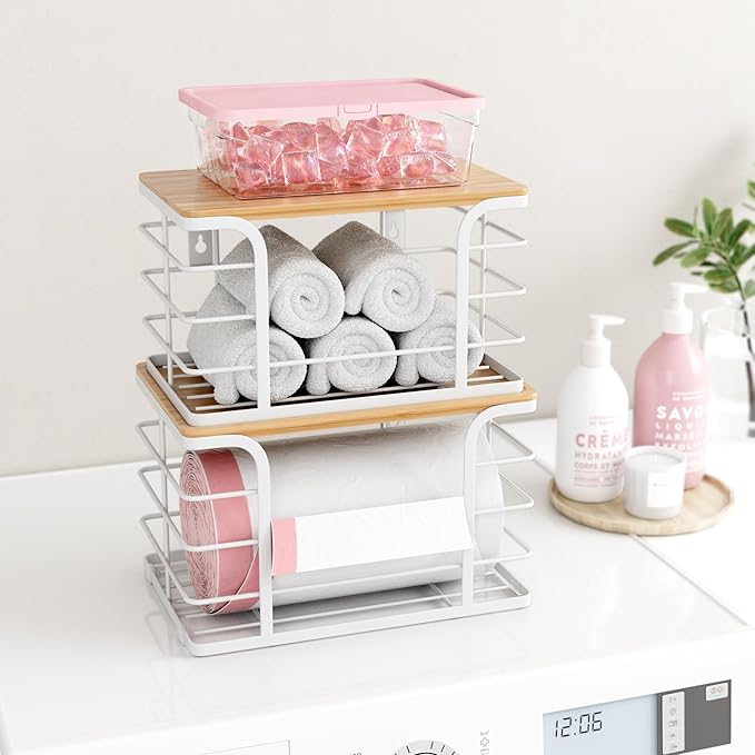 2 Pack Extra Large Stackable Pantry Organizer,Wall Mount Garbage Bag Holder Dispenser with Bamboo Top for Kitchen Laundry Room Organization,White-NeatNest