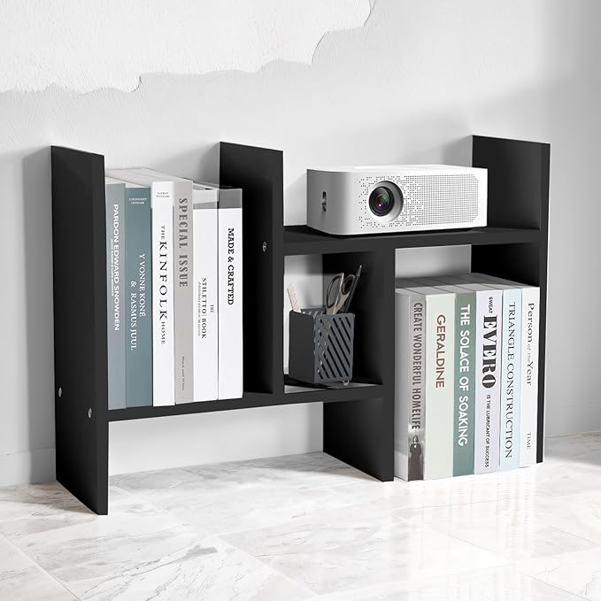 Black Desk Organizer Shelf Wooden Desktop Bookshelf Adjustable Desktop Organizer Shelves Small Book Shelf for Office Desk Supplies Home Storage Natural Stand Decor (Black, Style1)-NeatNest