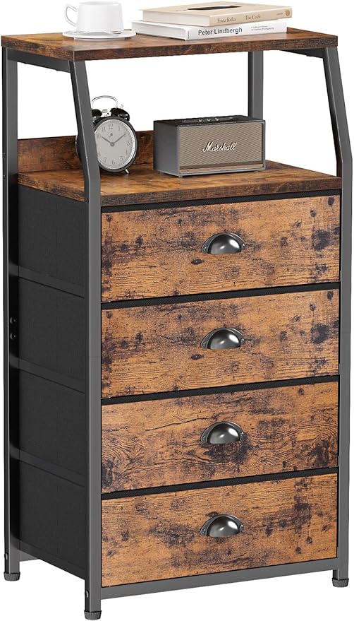 Furnulem Night Stand, Tall 4 Drawers Dresser for Bedroom, Hallway, Nursery, Closet Organizer, Nightstand Bedside Table Furniture, Vertical Storage Tower Fabric, Sturdy Steel Frame, Wood Top-NeatNest