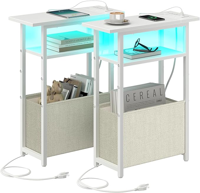 Narrow Side Table with Charging Station, LED End Table Set of 2 for Small Spaces, Skinny Nightstands Set 2 with Storage Basket, 3 Tier Sofa Bedside Tables for Living Room,Bedroom, White