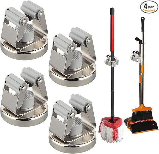 MUTUACTOR Magnetic Broom Holders,4pcs Sturdy Heavy Duty Magnetic Clips Wall Mount,10lbs No Drilling Anti-broken Magnetic Hooks Broom Mop Brackets for Work Cargo Garage Laundry Van Accessories-NeatNest
