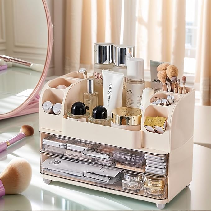 Makeup Organizer with 2 Drawers, Cosmetic Display Case, Storage Holder for Vanity, Bathroom Counter, Desk, Beauty Supplies (Cream)