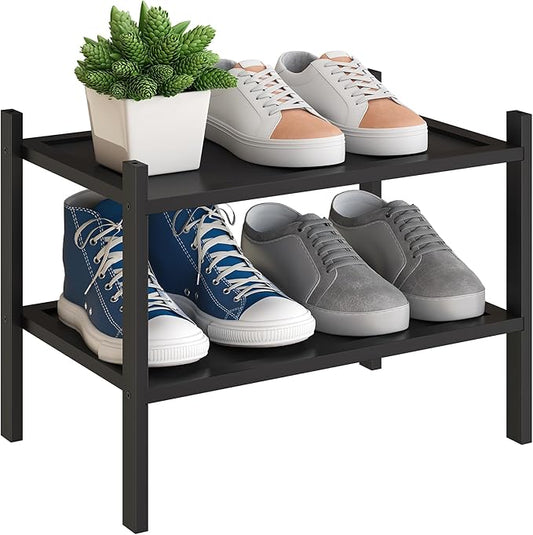 BMOSU 2-Tier Bamboo Small Shoe Rack Premium Stackable Shoe Shelf Storage Organizer for Hallway Closet Living Room Entryway Organizer(Black)-NeatNest