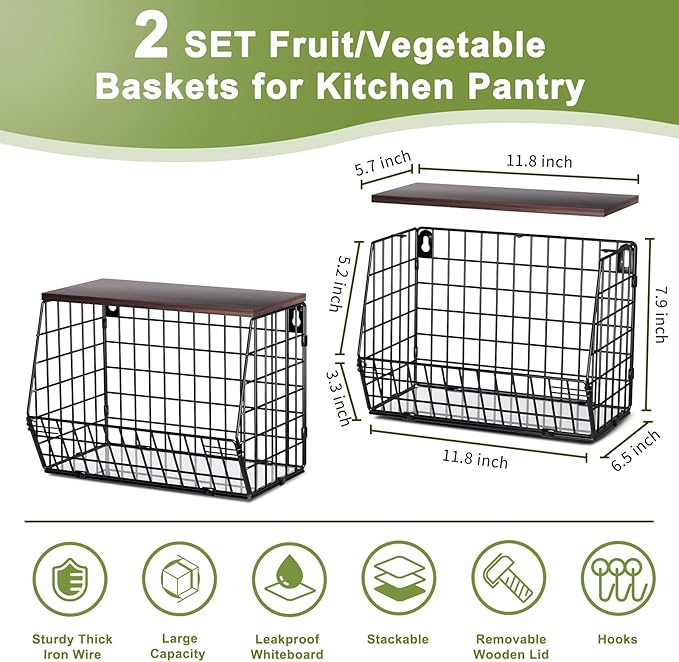 2 Tier Fruit Bowl Fruit Basket for Kitchen Counter Stackable Wall Mounted Hanging Basket Wire Baskets with Wood Lid with 4 Banana Hanger Hooks, Onion Basket, Fruit and Vegetable Storage