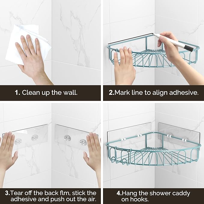 Orimade Corner Shower Caddy with 2 Hooks Wall Mounted Metal Bathroom Shelf Storage Organizer Adhesive No Drilling 2 Pack, Blue Only for 90-Degree Corner