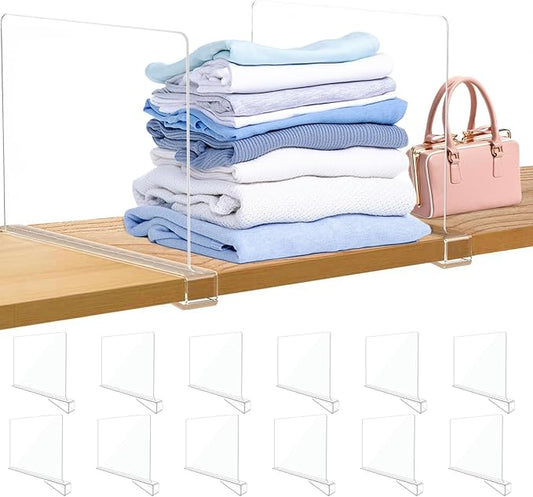 12Pack Acrylic Closet Shelf Dividers, Heavy Duty Organizer for Clothes, Handbags, Sweaters & Towels - Transparent Storage Solution for Kitchen Cabinets, Wardrobes & Home Shelving-NeatNest