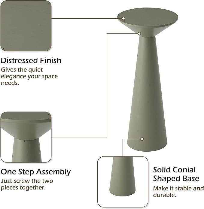 Farmhouse Tall Pedestal End Table Small Solid Wood Martini Table Plant Stand Modern Round Drink Table for Small Space Living Room, Sage Green