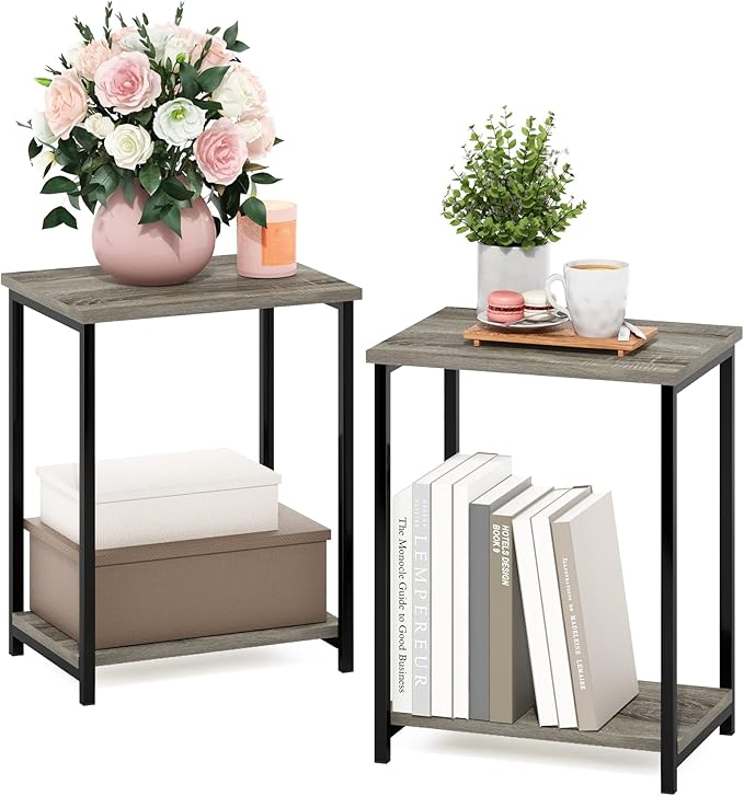 Furinno Simplistic Metal Frame End Table, 2-Pack, French Oak-NeatNest