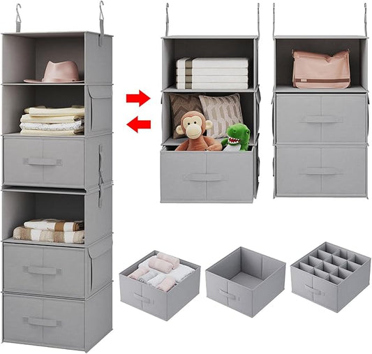 Vailando 6-Tier Hanging Shelves for Closet, Two 3-Shelf Hanging Closet Organizer w/ 4 Side Pockets and 3 Drawers, Combinable for Dorm Wardrobe Organizer and RV Storage and Organization-NeatNest