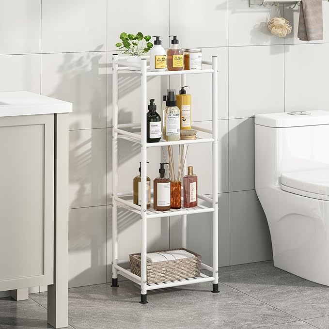 4 Tier Bathroom Storage Open Shelf Unit, Free-Standing Metal Corner Rack Shelving for Kitchen, Living Room, Hallway (White, 4 Tier)