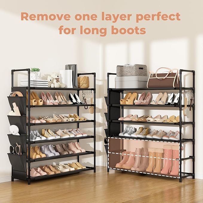 6 Tier Shoe Rack, Shoe Organizer Storage for 24-30 Pairs Shoe and Boot, Long Shoe Shelf with Hook and Side Pocket Free Standing Tall Shoe Rack Organizer for Closet, Entryway, Dorm-NeatNest