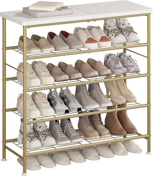 Shoe Rack Organizer 5 Tier for Closet Entryway Free Standing Metal Storage Shoe Shelf with MDF Top Board，Gold-NeatNest