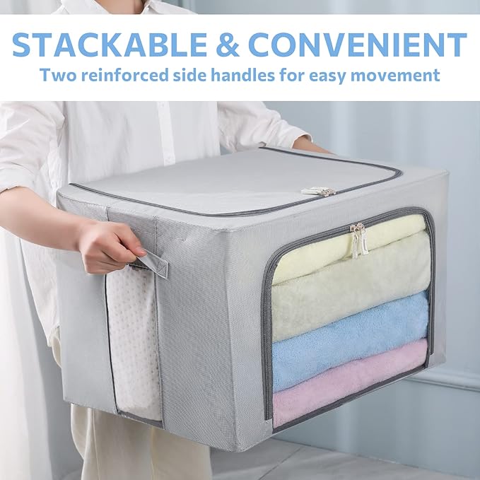3Pack Frame Storage Box - Clothes Storage Bin Bags Oxford Fabric Foldable Stackable Container Organizer Set with Clear Window & Carry Handles Large Capacity (Grey, Large-66L)-NeatNest