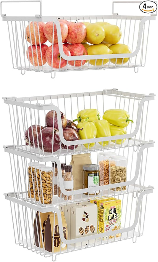 4 Pack Stackable Wire Baskets with Handles for Pantry Organizers and Storage, Fruit and Vegetable wire storage baskets, Potato and Onion Storage Bin, Metal Baskets for Organizing Snacks, Cans (White)