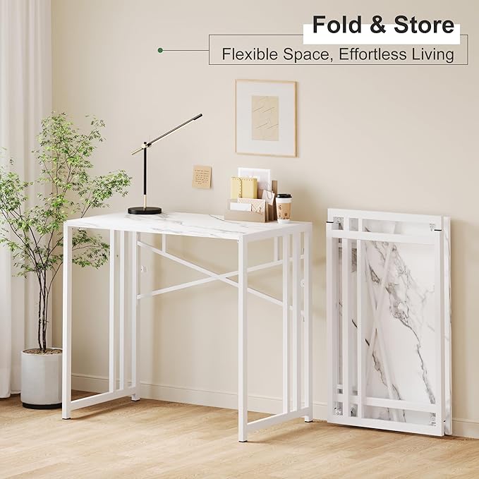 35 inch Folding Small Desk, Writing Gaming Computer Camping Desk for Small Spaces, No Assembly Required Home Office Table, White Marble-NeatNest