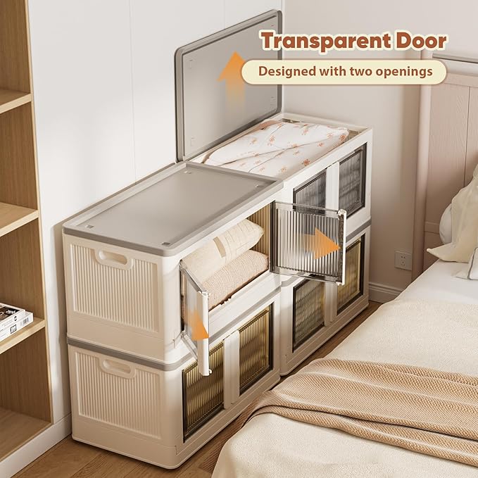 19 Gallon Collapsible Storage Box, Folding Storage Cabinet with Door and Wheels, Clear Door Dual Open Storage Box for Home, 1 Pack