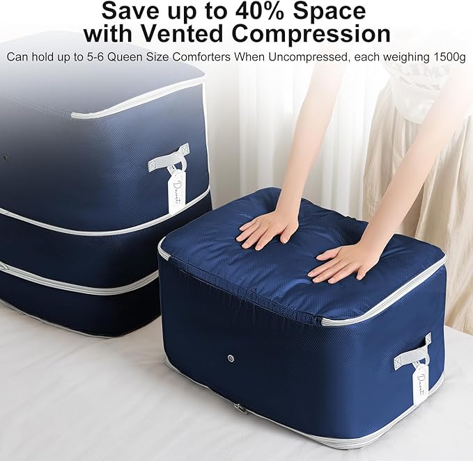 Comforter Storage Bag - 130L Blanket Storage Bags 3-Layer Ultra Space Saving Self Compression Organizer, Washable Compression Bags for Storage Comforter Blanket, 6-Pack, Navy Blue-NeatNest