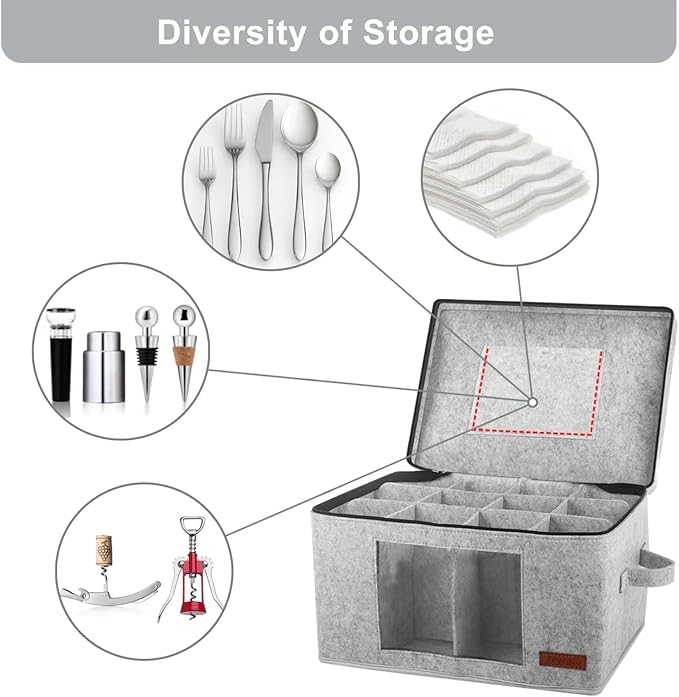2 Pack Wine Glass Storage Box with Dividers, Stemware Storage Containers for Packing and Moving, China Storage Containers Box for 12 Crystal Glassware, Wine Glasses, Drinkware,Light Gray-NeatNest
