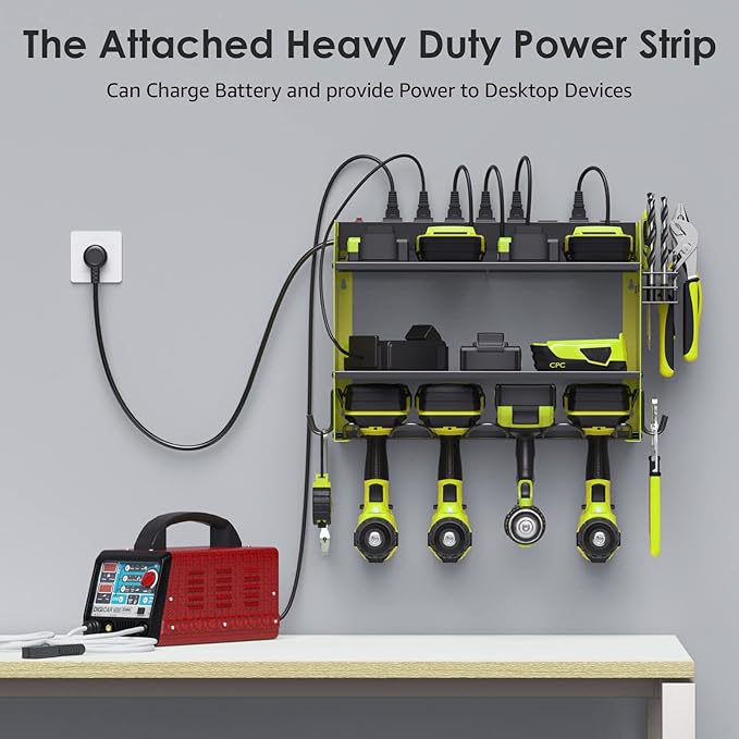 CCCEI Set Power Tool Organizer Wall Mount with Charging Station. Garage 4 Drill Storage Shelf with Hooks, Heavy Duty Metal Tool Battery Charger Organizer. Shop Utility Rack with Power Strip Green.-NeatNest
