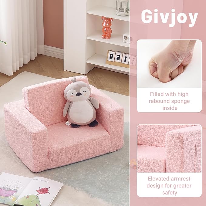 2-in-1 Toddler Chair Sherpa Couch - Soft Kids Lounger for Bedroom, Convertible Sofa for Girls and Boys, Reading Chair, Pink-NeatNest
