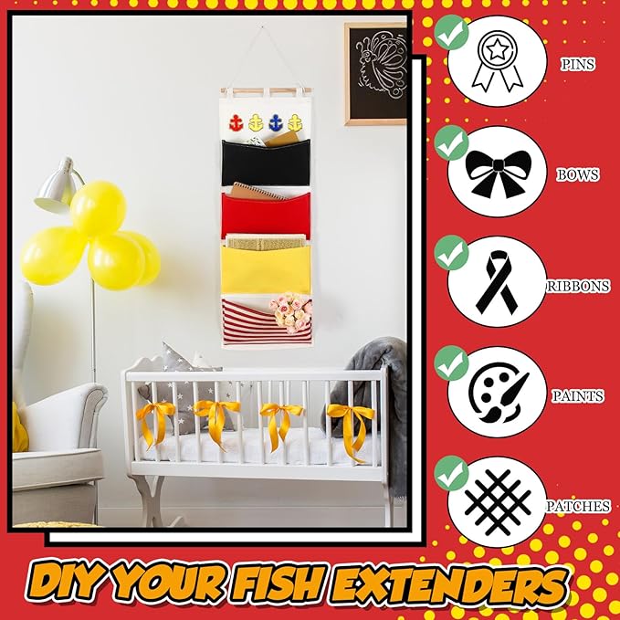 Fish Extender Cruise Gift Hanging Organizer with 4 Pockets and 4 Iron on Anchor Patches Cabin Door Hanger Storage Bag 2025 FE for Exchange Gifts and Pixie Dusting (Red,Blue,Black,Yellow)-NeatNest