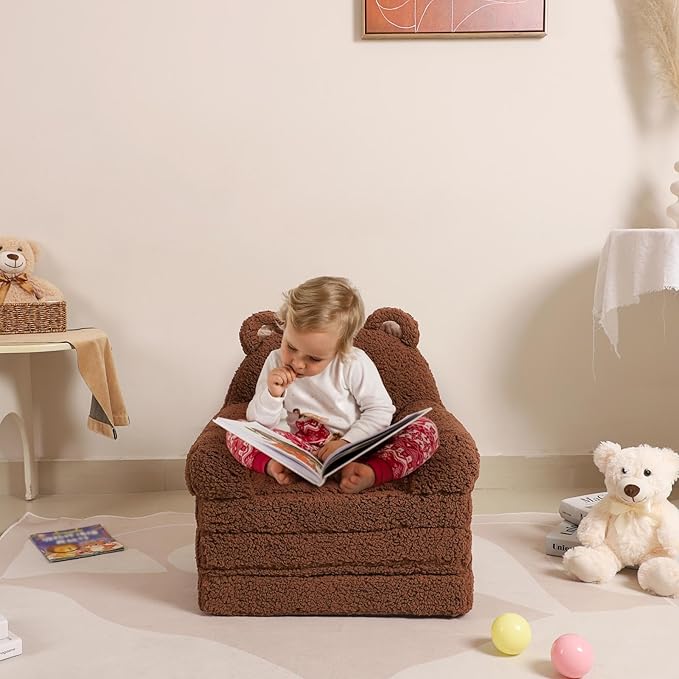 Foldable Kids Sofa, Sherpa Teddy Bear Toddler Couch with Tri Folding Foam Cushions, Comfy Couch for Kids Age 18 Months and Up-NeatNest