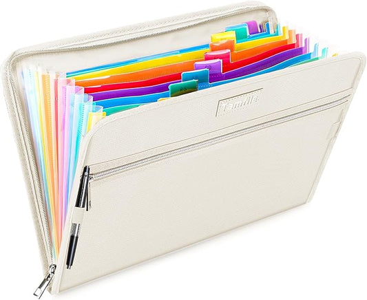 Fireproof Safe Waterproof Accordion File Bag Folder Expanding Filing Folder with 14 Multicolored Pockets, A4 Letter Size, Document Organizer Holder and Color Labels /2 Zipper (Beige 14.3" x 9.8")