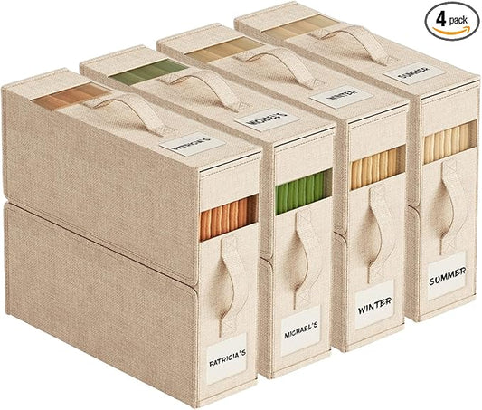 4Pack Sheet Organizers and Storage with Handles – Foldable Linen Closet Storage for King & Queen Sheet Sets – Clear Window & Removable Labels – Dustproof & Space-Saving Design, Beige-NeatNest