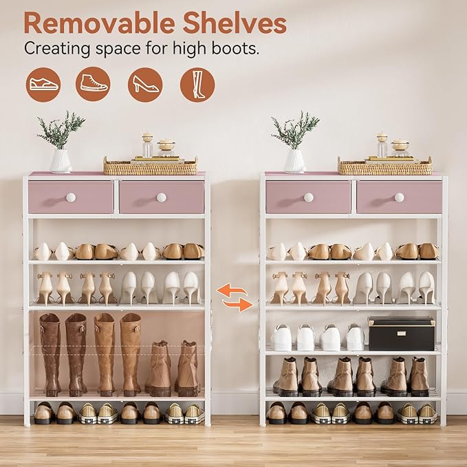 Shoe Rack for Entryway, 5 Tier Shoe Organizer with 2 Non-Woven Drawers, Metal Storage Shoe Shelf for 16-20 Pairs of Shoes, with Wooden Top and Steel Frame, Shoe Stand for Closet Pink-NeatNest