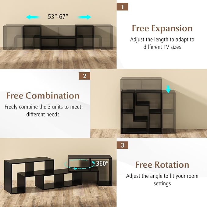 Giantex Free-Combination TV Stand for Bedroom - Entertainment Center for 50 55 60 65 Inch TV, 3-Piece Media Console Table with Storage Cubes, Deformable Open Storage Bookcase Shelf (Black)-NeatNest