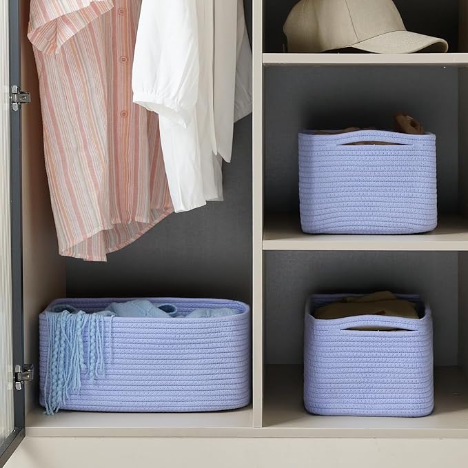 3-Pack Storage Baskets for Organizing | Woven Shelf Toy Basket | Rope Baskets for Gifts Empty | Closet Organizer Bins with Handles | Cube Decorative Box | 13.7×7.1×6.7” | Sky Blue-NeatNest