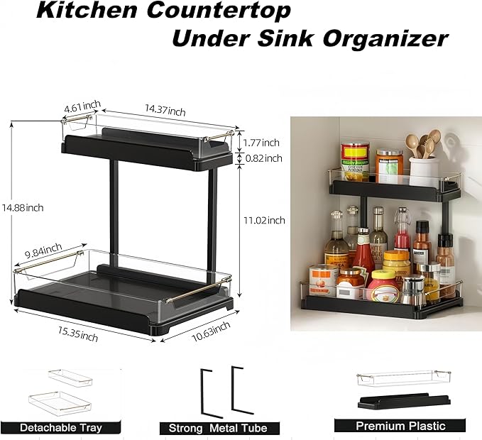 heart & home 1-Pack Under Sink Storage Organizer for Kitchen & Bathroom Cabinets with Removable Washable Tray, Tool-Free Assembly – Multi-Purpose for Kitchen Countertop, Vanity, & Laundry Room，Black-NeatNest