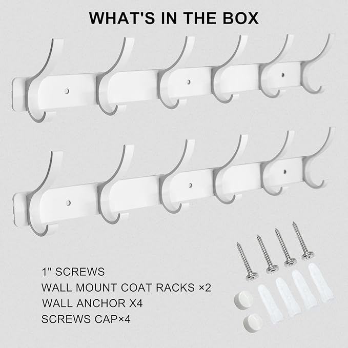 Coat Rack Wall Mounted,6 Coat Hooks for Hanging Coats,Heavy Duty Metal Double Hook Rack Hook Rail,Coat Rack with Hooks,Wall Mount Coat Hanger for Hat Towel Purse Robes (2 Pack White, 6 Hooks)-NeatNest