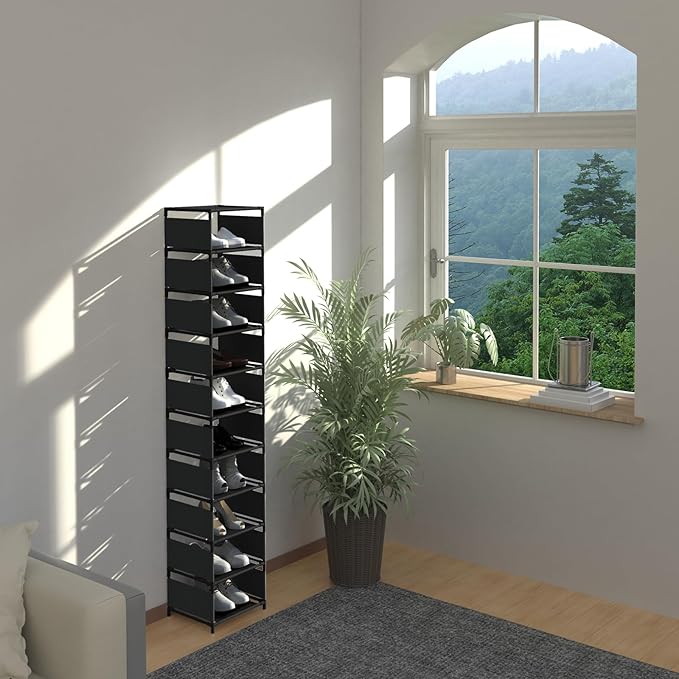 Vertical Narrow Tall Shoe Rack for Front Door Entrance,10 Tiers Sturdy Metal Shoe Rack Organizer for Closet Entryway, Storage Shelf, Space Saving Stackable Shoe Tower-NeatNest