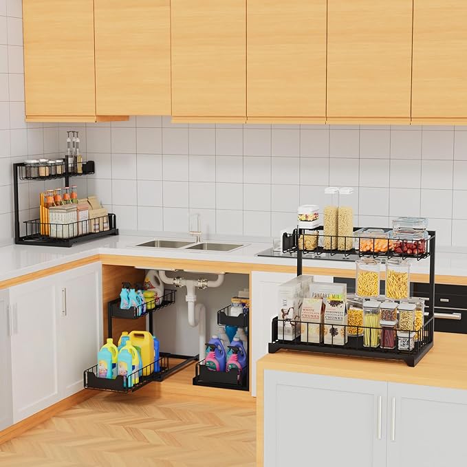 2 Pack Metal Under Sink Organizer, Pull Out Cabinet Organizer Rack with Silk-Smooth Bottom Drawer, Easy to Install, Multi-Purpose Storage Shelf for Bathroom, Kitchen, Vanity, Pantry-NeatNest
