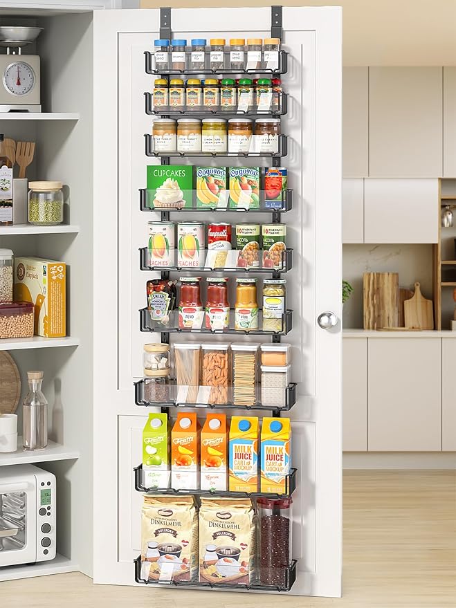 Delamu 9-Tier Over the Door Pantry Organizer with Acrylic Panel, Pantry Organization and Storage, Black Hanging Basket Wall Spice Rack Seasoning Shelves, Home Kitchen Bedroom Bathroom House Essentials-NeatNest