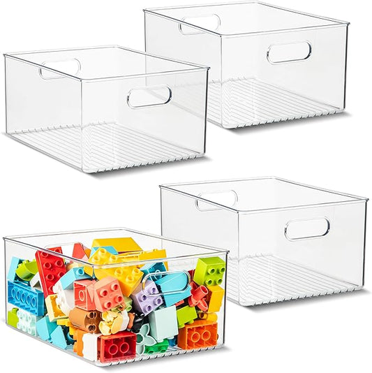4 Pack Clear Plastic Organizer Bins with Handles for Home Organization. Storage Containers for Organizing Fridge, Freezer, Cabinet. Pantry, Great for Kitchen, Garage, Laundry Room. 10"x8"x5"