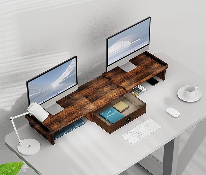 Dual Monitor Stand Riser with Drawer-Adjustable Length and Angle, Monitor Stand Riser for 2 Monitors, Desktop Organizer Stand for Computer/Laptop/PC/Printer (Rust Brown)