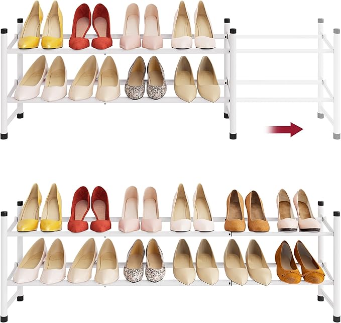 Tajsoon Expandable Shoe Rack for Closet 2 Tier, 28“-41“ Adjustable & Stackable Shoe Shelf Storage, Metal Shoe Rack Organizer for Front Door Entrance, Closet, Garage, Entryway, White-NeatNest