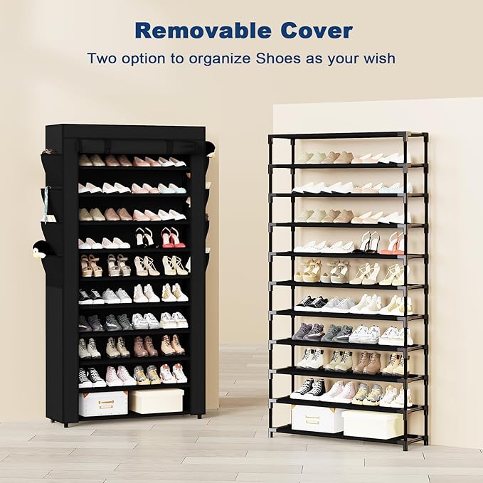 Mavivegue Shoe Rack with Cover, 10 Tier Tall Shoe Storage for 50-55 Pairs of Shoes, Shoe Organizer for Entryway, Closet-NeatNest