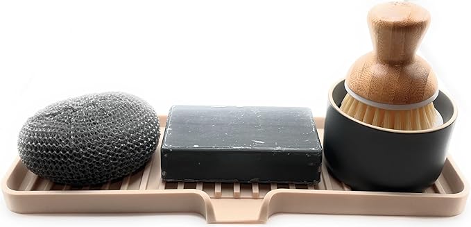 Happitasa Silicone Soap Dish Tray and Sponge Holder with Drain Chute | Bathroom and Kitchen Sink Organizer Caddy (Sand Dollar, 12"x4", 7.4 Ounces)-NeatNest
