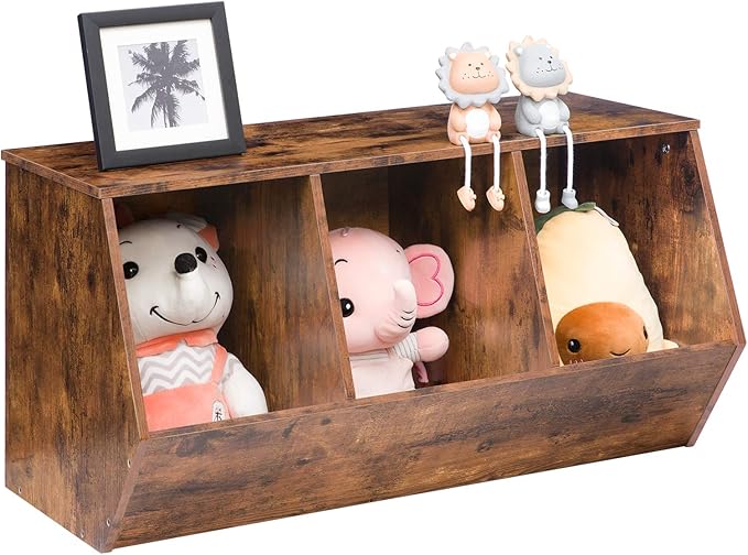 HOOBRO Toy Storage Cubby, Kids Bookshelf, Stackable 3-Bin Toy Storage Cabinet, Bookcase Footboard, Children's Toy Shelf, Suitable for Children's Room, Playroom, Hallway, Rustic Brown BF30CW01