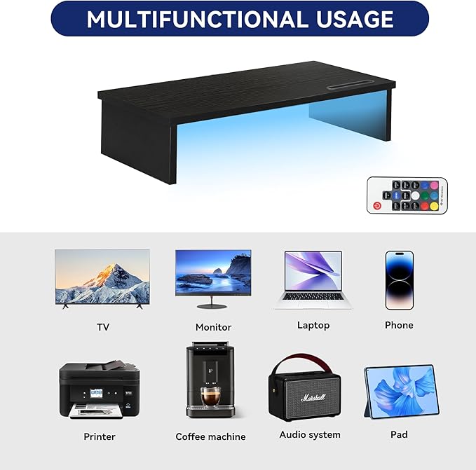 21" Monitor Stand Riser with LED Lights and Phone Holder, Monitor Stand for Desk, Computer Monitor Stand, Desk Shelf for Top of Desk, Desktop Organizer for Laptop, Printer, TV